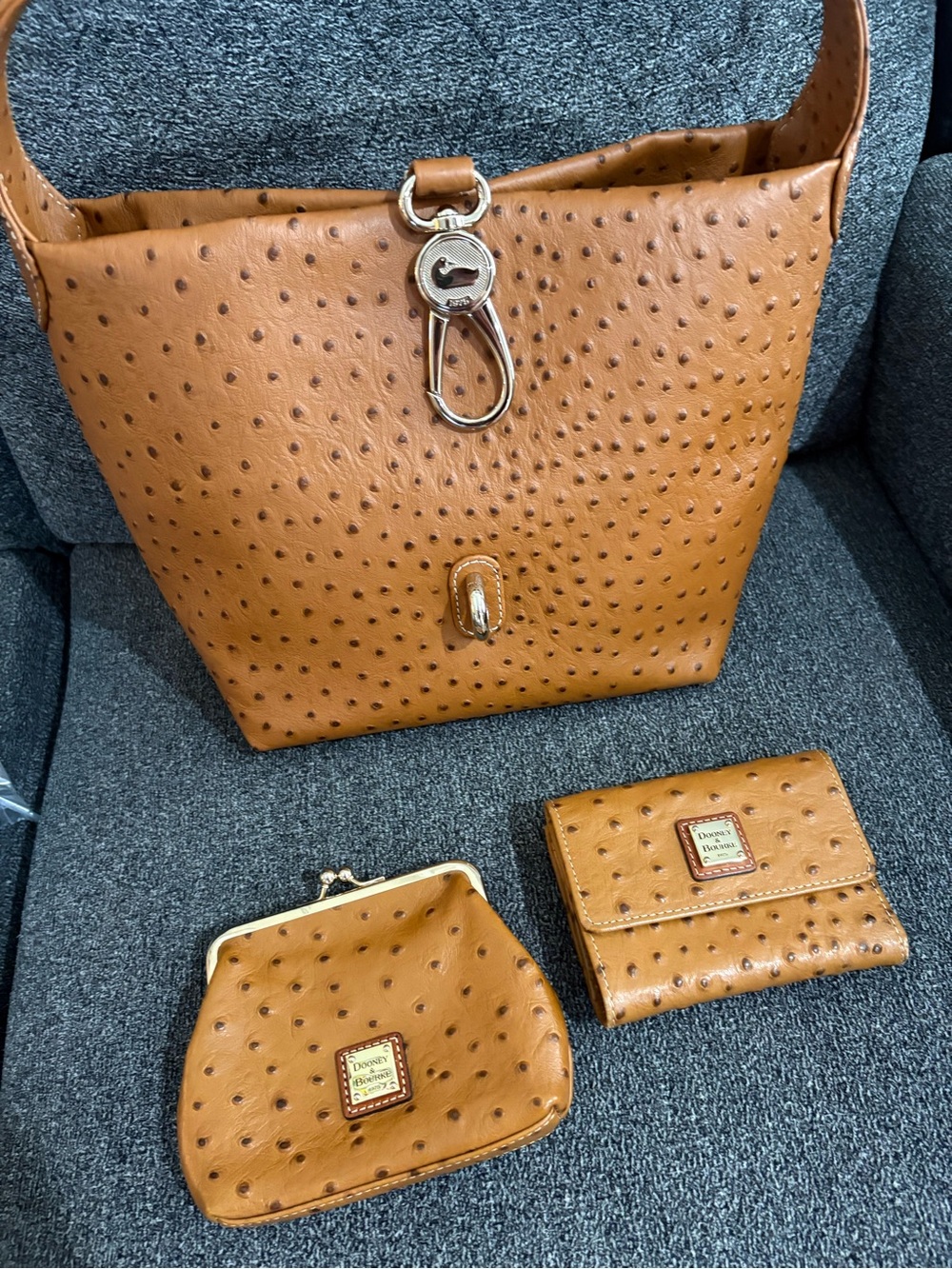 Dooney & Bourke Tan Ostrich-Embossed Leather Handbag, Wallet & Coin Purse Set